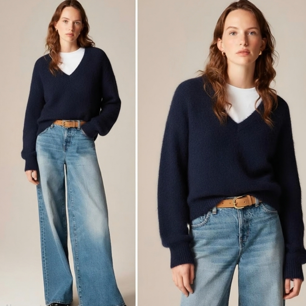 New! J. Crew Brushed Cashmere Cropped V-neck Sweater in Navy Blue